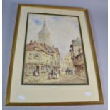 A Framed Watercolour Signed Pierre La Boeuf Depicting Continental Town Street, 36cm high