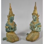 A Pair of Thai Bronze Figures of Kneeling Maidens, 22cm high