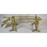 A Victorian Set of Three Long Handled Brass Fire Irons and a Pair of Brass Fire Dogs with Barley