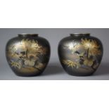 A Pair of Late Meiji Bronze Vases of Bulbous Form with White and Gold Metal Chrysanthemum