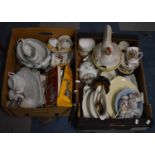 Two Boxes of Various Ceramics to Include Tea and Dinnerwares, Jugs and Vases, Spong Mincer etc