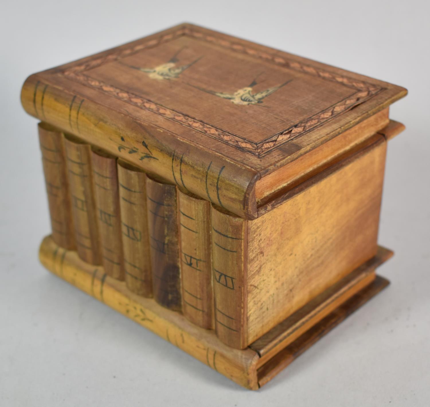 An Italian Inlaid Puzzle Jewellery Box Having Hinged Lid Having Inner Mirror and Buttoned Silk