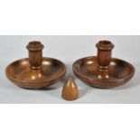 A Vintage Olive Wood Circular Brighton Bun Travelling Candlestick Set with Snuffer, Lid Inscribed M.