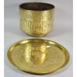 A Circular North Indian Brass Tray, 33cm Diameter Together with an Islamic Etched Circular