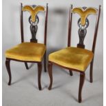 A Pair of Art Nouveau Mahogany Framed Ladies Salon Side Chairs with Upholstered Serpentine Front