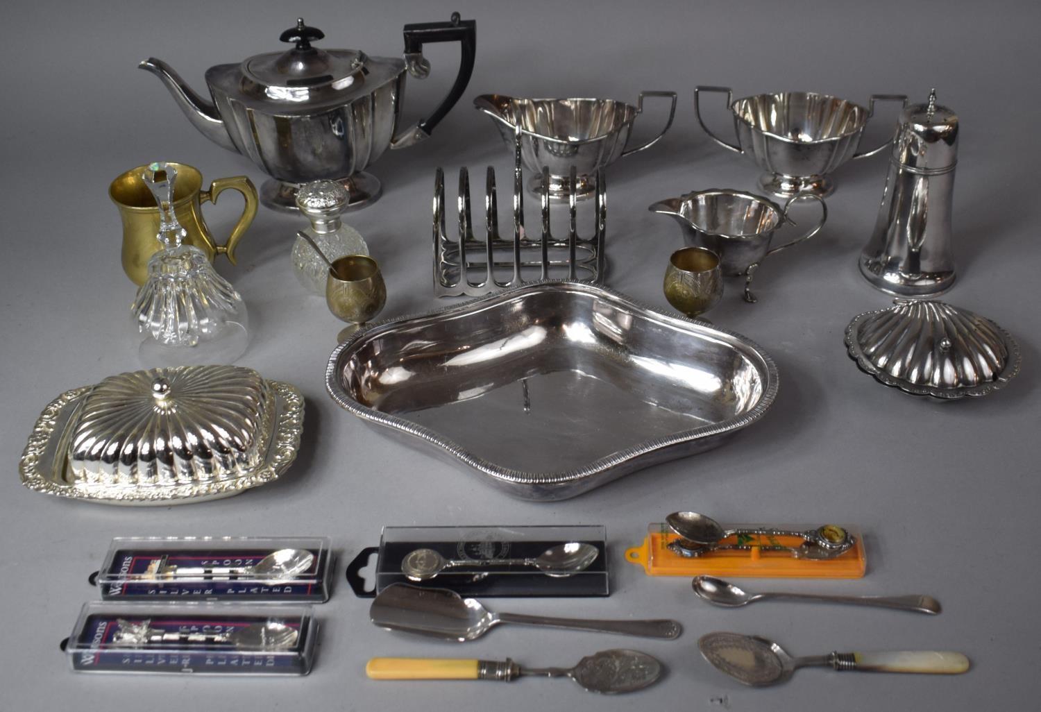 A Collection of Silverplated Metalwares to include Three Piece Tea Service Sugar Sifter, Dish, Toast
