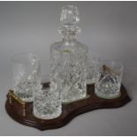 A Modern Mahogany Tray with Spirit Decanter, Three Whisky Glasses and a Glass Tankard