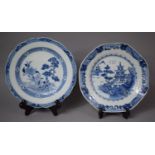 Two 19th Century Chinese Export Underglaze Blue and White Plates, One Decorated with Pagoda Scene