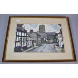 A Framed Watercolour Depicting Half Timbered Houses and Church, "Claverley", 28cm wide