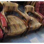 A Pair of Late Victorian Carved Walnut Framed Ladies Tub Nursing Chairs with Pierced Splats