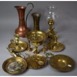A Collection of Metalwares to include Copper Ewer, Brass Candle with Glass Shade, Two Bedchamber
