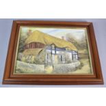 A Modern Framed Oil on Board Depicting Half Timbered Cottage, 34cm Wide