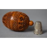 A Treen Ovoid Thimble Case Having Carved Decoration and Inset Stanhope and which contains White
