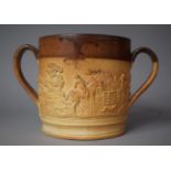 A Large Stoneware Two Handled Loving Mug Decorated in Relief with Hunting Scene, 15.5cm high