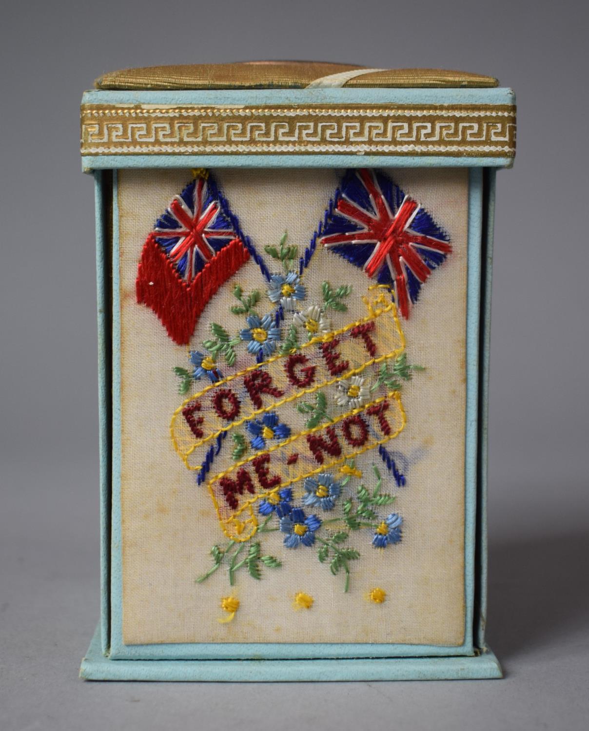 A WWI Forget Me Not Cardboard Sewing Box with Fold Down Sides Containing Needles, Central Thimble - Image 2 of 4