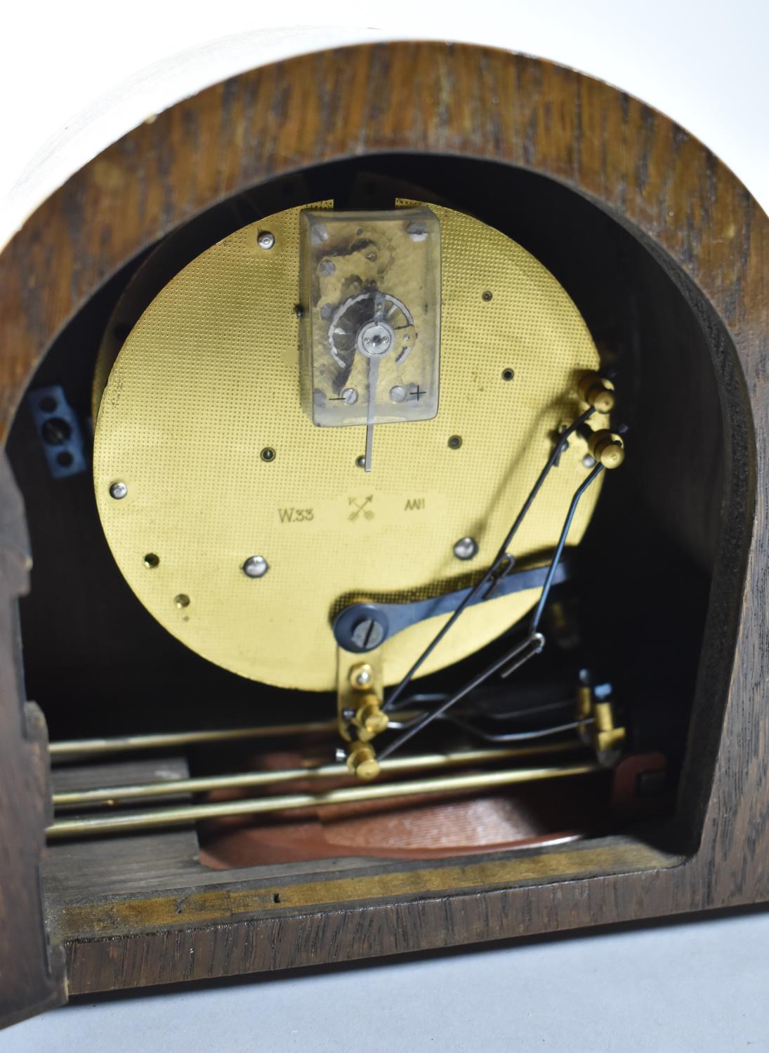 A Mid/Late 20th Century Oak and Walnut Mantle Clock with Bracket Feet, 38.5cm wide - Image 2 of 2