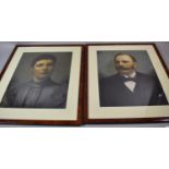 A Pair of Re-framed Hand Coloured Photographs of Edwardian Gent and Lady, Each 44cm high