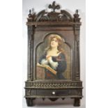 A Late Victorian French Carved Wooden Wall Hanging Galleried Shelf Display with Inset Print