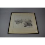 A Framed Pencil and Ink Study of River Thames and Tower Bridge, Signed H E Freeker, 26.5cm wide