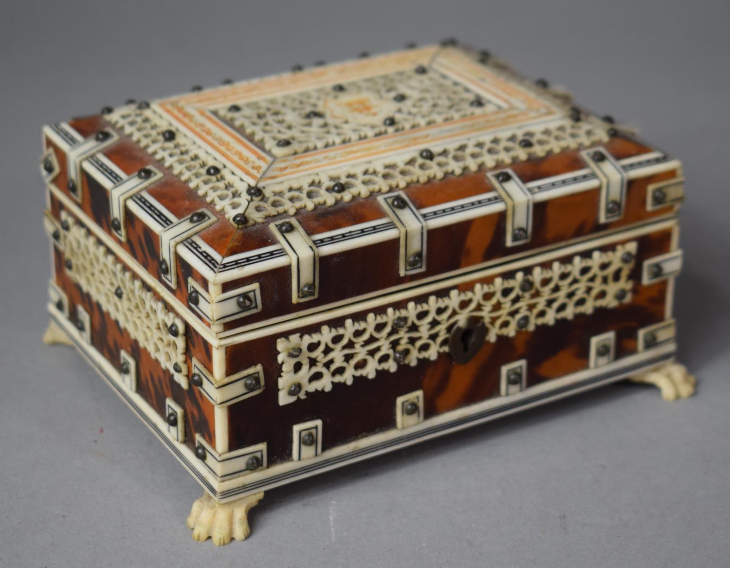 An Anglo Indian Tortoiseshell and Ivory Box of Sarcophagus Form Having Hinged Lid, both Rear Claw