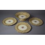 A Floral Gilt and Cream Decorated Fruit Set by Crescent to comprise Tazza and Three Plates