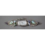 A Silver Ladies Quartz Watch Decorated with Abalone Shell and Cabouchon, Working Order