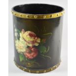 A Cylindrical Waste Bin with Painted Floral Decoration, 21cm Diameter