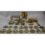 A Collection of Brass to Include Pair of Aladdin Style Lamp Candlesticks, Two Trivet Stands, Horse