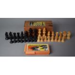A Mid 20th Century Boxwood Chess Set and Set of Draught Pieces, Kings 8cm high