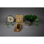 A Collection of Items to include Two Dressing Table Clocks having Embroidered Decorated Faces, Green