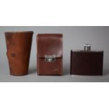 A Vintage Leather Travelling Set of Four Stainless Steel Beakers, Leather mounted Hip Flask and