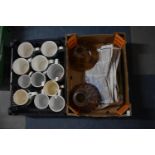 A Box of Ceramic Mugs and Glass Shades, Five Lead-lite Coloured Glass Panels etc