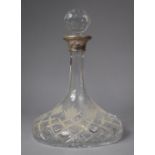 A Cut Glass Ships Decanter with Silver Cuff, 925 Hallmark, 28cm High