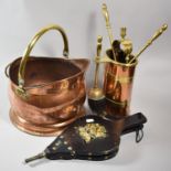 A Collection of Brass Mounted Copper Fireside Ornaments to Include Helmet Shaped Coal Scuttle and