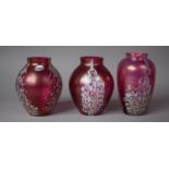 Three Royal Brierley Studio Mottle White and Pink Glass Vases, 16cm High