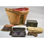 A Vintage Brass Studded Leather Top Hat Box (Missing Lid) Together with a Collection of Leather