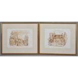 A Pair of David Nailor Sepia Studies of House and Church, "All Saints, Bisley" and "Bournes