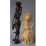 Two Far Eastern Carved Wooden Studies, Thai Dancer and Maiden Carrying Fruit in Basket, 50cm high