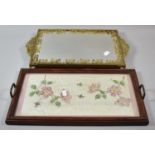 A Pretty Gilt Framed Mirrored Tray Stand with Floral Decoration Together with a Painted Silk