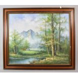 A Framed Oil on Canvas Depicting Alpine Scene with Chalet, 59cm wide
