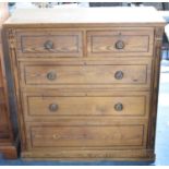 An Edwardian Pitch Pine Chest of Two Short and Three Long Drawers with Tuned Handles, 98cm wide