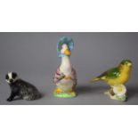 A Beswick Beatrix Potter's Jemima Puddleduck, Beswick Badger and Beswick Greenfinch