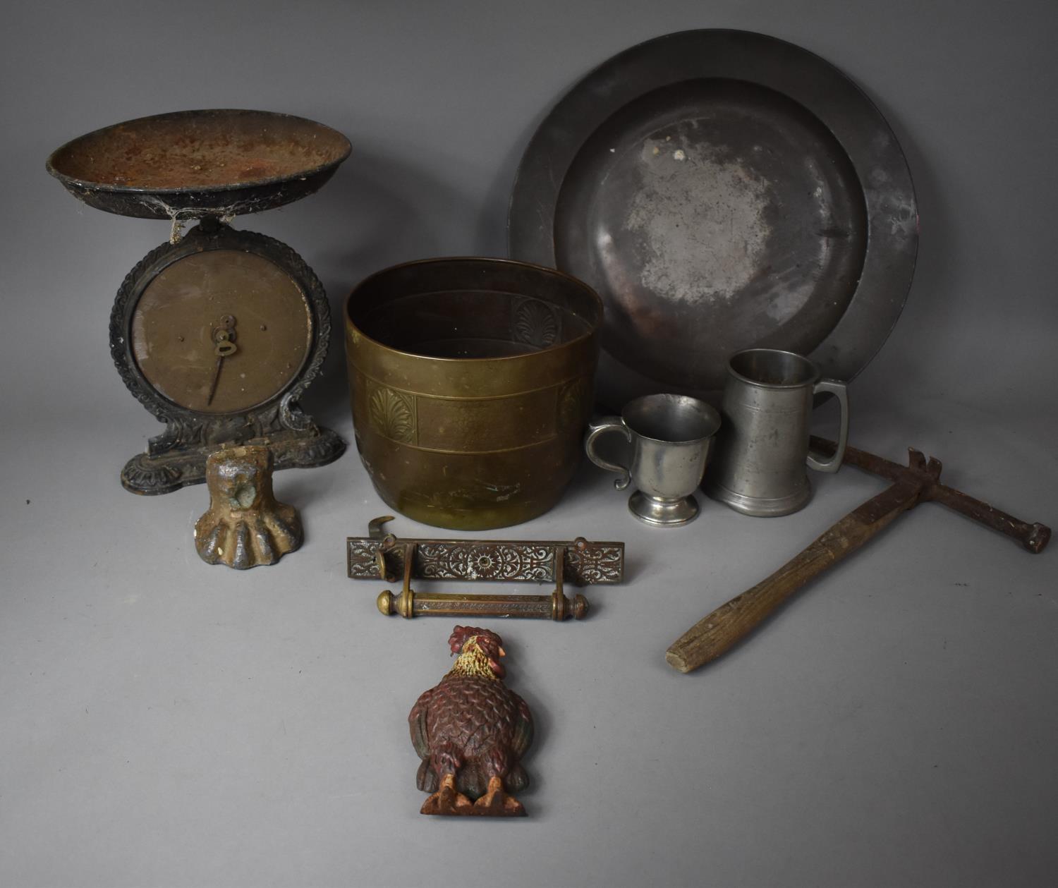 A Collection of Various Metalwares to include Hand Beaten Copper Planter, Early Lion Paw Door Porter