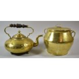 A Brass Kettle with Turned Wooden Handle and a Lidded Brass Pot