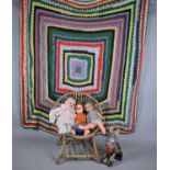 A Vintage Bamboo Framed Seat, Collection of Dolls and Crochet Bed Throw