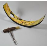 A Vintage Wooden Handled Corkscrew with Brush and a Hand Painted Modern Wine Bottle Holder