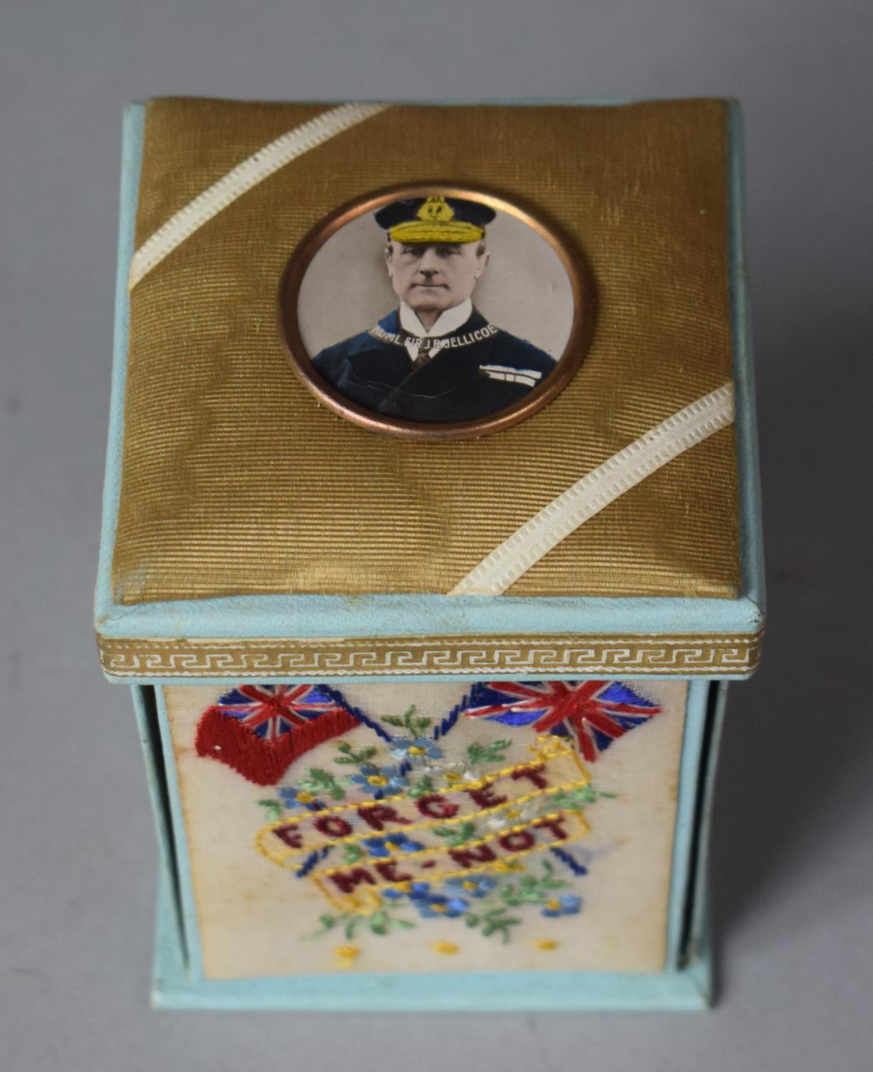 A WWI Forget Me Not Cardboard Sewing Box with Fold Down Sides Containing Needles, Central Thimble - Image 3 of 4