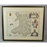 A Framed Reproduction Blaeu Map of Wales, 60cm wide