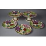 A 19th Century Polychrome Transfer Printed Fruit Set to comprise Two Tazzas and Three Serving Plates