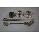 A Collection of Silver Items to Include a Pair of Squat Candle Sticks on Stepped Circular Bases,
